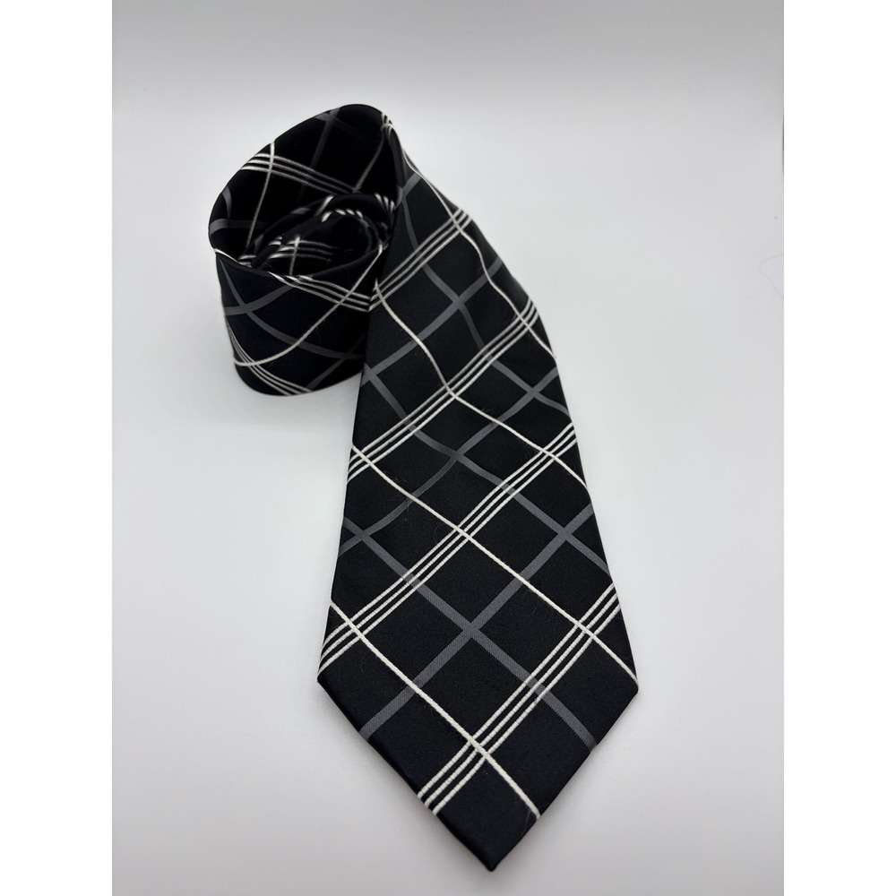 Kenneth Cole, New York, Black/White Diagonal Checkered Grid Pattern Necktie Silk